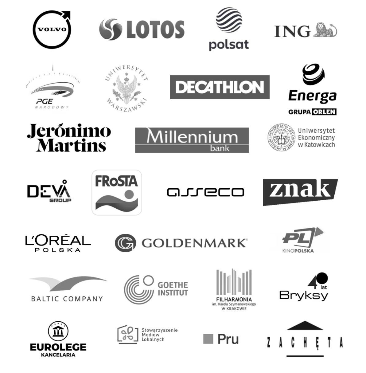 Marki i instytucje, z którymi współpracowaliśmy: Volvo, Lotos, Polsat, ING, PGE Narodowy, Uniwersytet Warszawski, Decathlon, Energa, Jerónimo Martins, Bank Millennium, Uniwersytet Ekonomiczny w Katowicach, L'Oréal Polska, Goethe-Institut, Filharmonia w Krakowie, Zachęta i inne.
